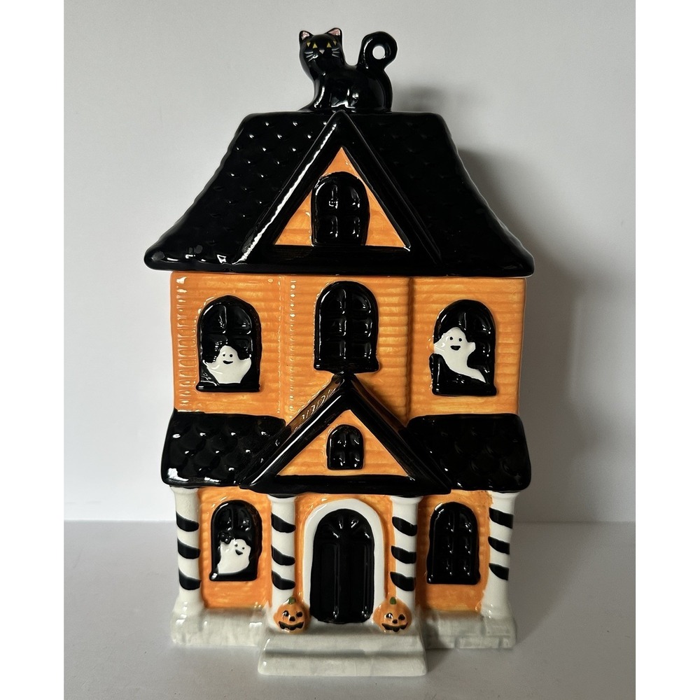 Jack Lantern Lane Haunted House Ghost Cat Halloween Ceramic Cookie Jar